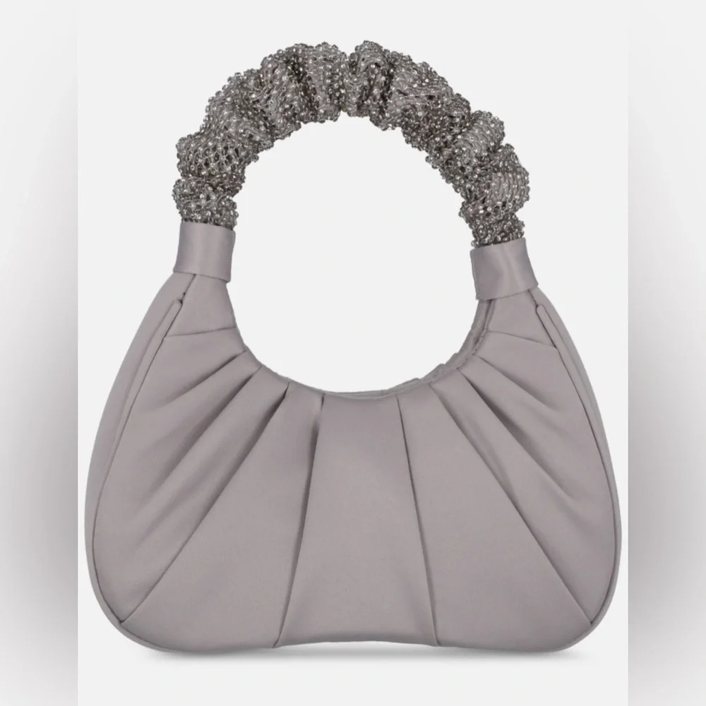 I.N.C. International Concepts Pleated Top Studded Mesh Handle Bag Satin Silver - Picture 2 of 5